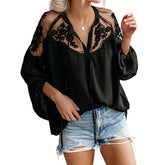 Summer Color Chiffon Plus Size Loose V-neck Lace Hollow Out Embroidery Korean Fashion WomenClothing Blouse